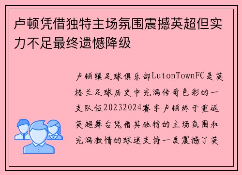 卢顿凭借独特主场氛围震撼英超但实力不足最终遗憾降级 卢顿凭借独特主场氛围震撼英超但实力不足最终遗憾降级